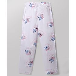 Pine Kids Disney 100% Cotton Woven Front Open Full Sleeves Co-ord Shirt & Pajama Night Suit with Stitch & Angel Print - White