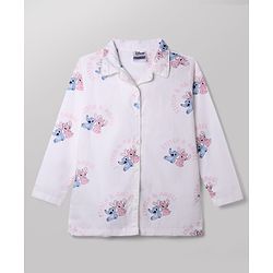Pine Kids Disney 100% Cotton Woven Front Open Full Sleeves Co-ord Shirt & Pajama Night Suit with Stitch & Angel Print - White