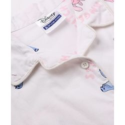 Pine Kids Disney 100% Cotton Woven Front Open Full Sleeves Co-ord Shirt & Pajama Night Suit with Stitch & Angel Print - White