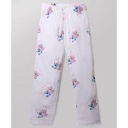 Pine Kids Disney 100% Cotton Woven Front Open Full Sleeves Co-ord Shirt & Pajama Night Suit with Stitch & Angel Print - White