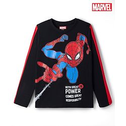 Pine Kids Marvel Single Jersey Knit T-Shirt with Full Sleeves and Spider Man Print - Black