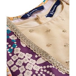 Pine Kids Woven Full Sleeves Indo Western Set With Floral Embroidery & Print - Beige