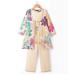 Pine Kids Woven Full Sleeves Indo Western Set With Floral Embroidery & Print - Beige