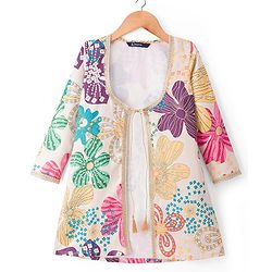Pine Kids Woven Full Sleeves Indo Western Set With Floral Embroidery & Print - Beige
