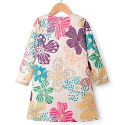 Pine Kids Woven Full Sleeves Indo Western Set With Floral Embroidery & Print - Beige