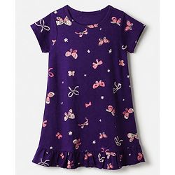 Pine Kids 100% Cotton Knit Bio Washed Single Jersery 180 Gsm Half Sleeves Nighty with Bow & Butterfly Print - Violet