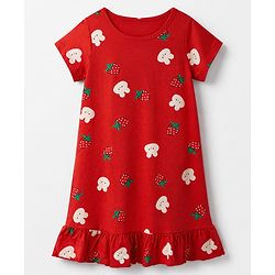Pine Kids 100% Cotton Knit Half Sleeves Nighty With Strawberry Print - Red