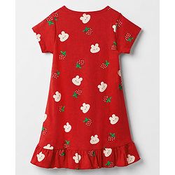 Pine Kids 100% Cotton Knit Half Sleeves Nighty With Strawberry Print - Red