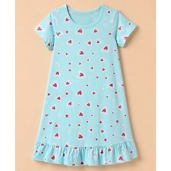 Pine Kids 100% Cotton Single Jersery 180 Gsm Knit Half Sleeves Nighty With Heart Print & Bio Finish - Blue