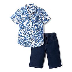 Pine Kids 100% Cotton Woven Half Sleeves Shirt and Denim Shorts with Floral and Sun Print - Blue