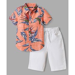 Pine Kids 100% Cotton Woven Half Sleeves Shirt and Shorts with Knee Length and Leaves Print in Orange