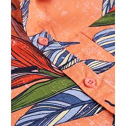 Pine Kids 100% Cotton Woven Half Sleeves Shirt and Shorts with Knee Length and Leaves Print in Orange
