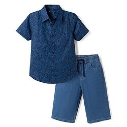 Pine Kids 100% Cotton Woven Half Sleeves Shirt and Denim Shorts with Roses Print - Navy Blue