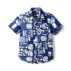 Pine Kids 100% Cotton Woven Half Sleeves Shirt and Denim Shorts with Abstract Print - Dark Blue