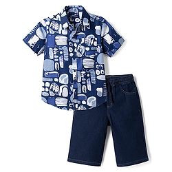 Pine Kids 100% Cotton Woven Half Sleeves Shirt and Denim Shorts with Abstract Print - Dark Blue