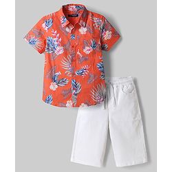 Pine Kids 100% Cotton Woven Half Sleeves Shirt & Shorts With Floral Print in Dark Orange