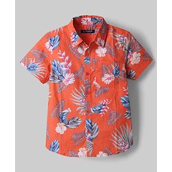 Pine Kids 100% Cotton Woven Half Sleeves Shirt & Shorts With Floral Print in Dark Orange