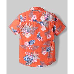 Pine Kids 100% Cotton Woven Half Sleeves Shirt & Shorts With Floral Print in Dark Orange