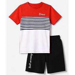 Pine Kids 100% Cotton Single Jersey Knit Half Sleeves T-Shirt and Shorts Set With Text Print - Red