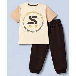 Pine Kids 100% Cotton Single Jersey Half Sleeves T-Shirt and Jogger with Skateboard Fun Club Print in Offwhite for 5-6 Years