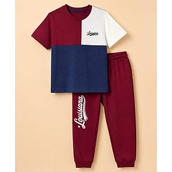 Pine Kids 100% Cotton Single Jersey Knit Half Sleeves T-Shirt and Jogger with Full Length and Louisiana Print in Navy Blue