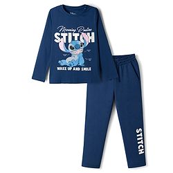 Pine Kids Disney Knit Full Sleeves T-Shirt & Pyjama Night Suit With Stitch Graphic - Navy Blue