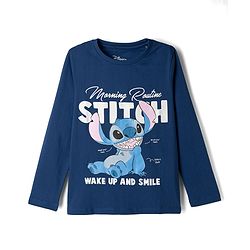Pine Kids Disney Knit Full Sleeves T-Shirt & Pyjama Night Suit With Stitch Graphic - Navy Blue