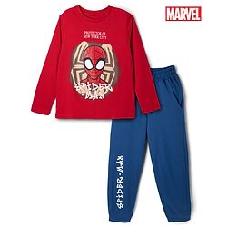 Pine Kids Marvel Single Jersey Knit Full Sleeves T-Shirt & Pyjama Night Suit Set With Spider Man Graphic &Text Print - Red & Blue