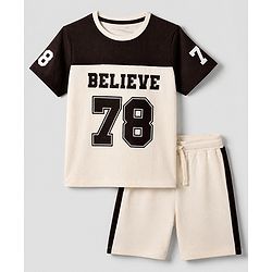 Pine Kids 100% Cotton Single Jersey Knit Half Sleeves T-Shirt and Shorts Set Text Print - Cream