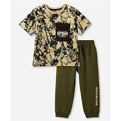 Pine Kids 100% Cotton Single Jersey Knit Half Sleeves T-Shirt and Jogger with Full Length and Leaf Print in Beige