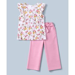 Pine Kids Single Jersey Knit Sleeveless Floral Printed Top & Pant Set - Pink