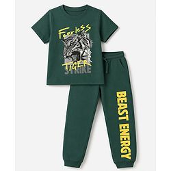 Pine Kids Looper Knit Half Sleeves T-shirt & Joggers Set With Text Print - Green