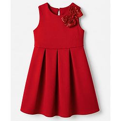 Pine Kids Woven Sleeveless Pleated Party Dress With Sequinned Bow Applique - Dark Red