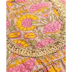 Pine Kids 100% Cotton Woven 3/4th Sleeves Kurti & Pat Set With Dupatta & Floral Print in Beige