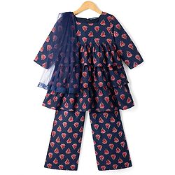 Pine Kids Cotton Woven Three Fourth Sleeves Kurta and Salwar Set with Dupatta and Floral Print - Blue