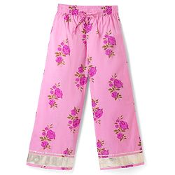 Pine Kids 100% Cotton Woven Three-Fourth Sleeves Kurti and Pant Set With Floral Print & Dupatta - Pink