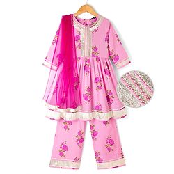 Pine Kids 100% Cotton Woven Three-Fourth Sleeves Kurti and Pant Set With Floral Print & Dupatta - Pink