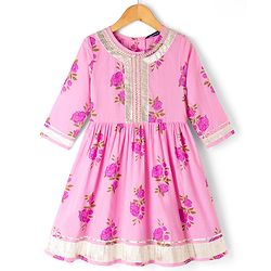 Pine Kids 100% Cotton Woven Three-Fourth Sleeves Kurti and Pant Set With Floral Print & Dupatta - Pink