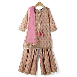 Pine Kids 100% Cotton Woven Three-Fourth Sleeves Floral Printed Kurta & Gharara Set With Dupatta - Beige