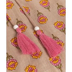 Pine Kids 100% Cotton Woven Three-Fourth Sleeves Floral Printed Kurta & Gharara Set With Dupatta - Beige
