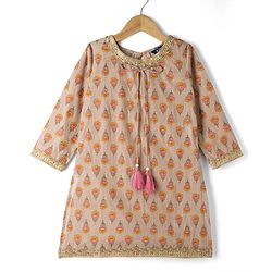 Pine Kids 100% Cotton Woven Three-Fourth Sleeves Floral Printed Kurta & Gharara Set With Dupatta - Beige