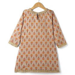 Pine Kids 100% Cotton Woven Three-Fourth Sleeves Floral Printed Kurta & Gharara Set With Dupatta - Beige