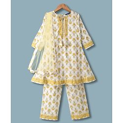 Pine Kids 100% Cotton Woven Full Sleeves Floral Printed Kurta & Pant Set With Dupatta - Off White