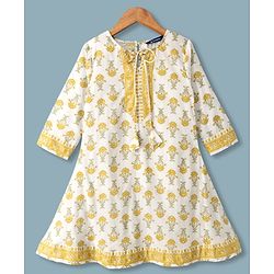 Pine Kids 100% Cotton Woven Full Sleeves Floral Printed Kurta & Pant Set With Dupatta - Off White