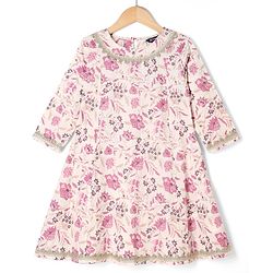 Pine Kids Cotton Woven Three Fourth Sleeves Kurti Sharara and Dupatta Set with Floral Print in White