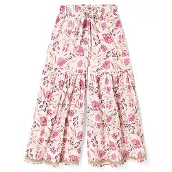 Pine Kids Cotton Woven Three Fourth Sleeves Kurti Sharara and Dupatta Set with Floral Print in White