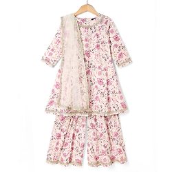 Pine Kids Cotton Woven Three Fourth Sleeves Kurti Sharara and Dupatta Set with Floral Print in White