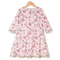 Pine Kids Cotton Woven Three Fourth Sleeves Kurti Sharara and Dupatta Set with Floral Print in White