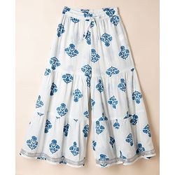 Pine Kids 100% Cotton Woven Three Fourth Sleeves Kurti and Sharara Set with Dupatta and Flower Print in White