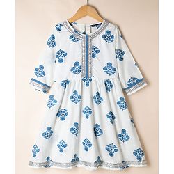 Pine Kids 100% Cotton Woven Three Fourth Sleeves Kurti and Sharara Set with Dupatta and Flower Print in White